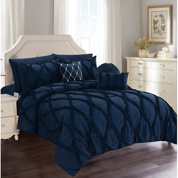 Celine Linen 10-PIECE Bed-in-a-Bag Infinity Comforter Set, Includes Bed Sheet Set with Double Sided Storage Pockets and Decorative Pillows, King/Cal King, Navy