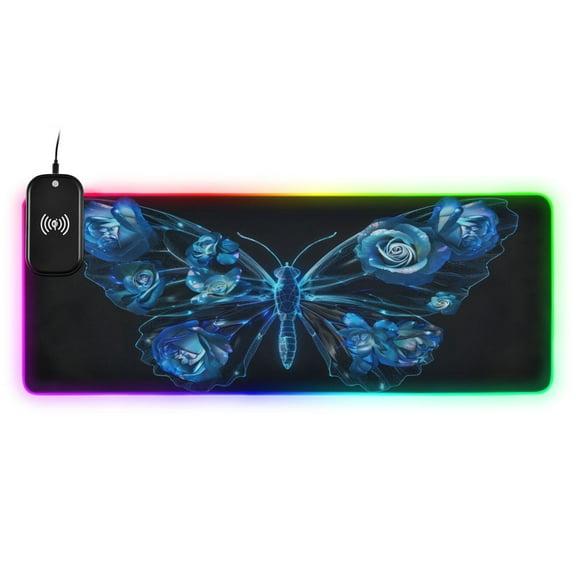 Wireless Charging Mouse Pad Large RGB Gaming Desk Mat 13 Light Modes Mousepad 31.5x11.8 Butterfly with Flower on Wings