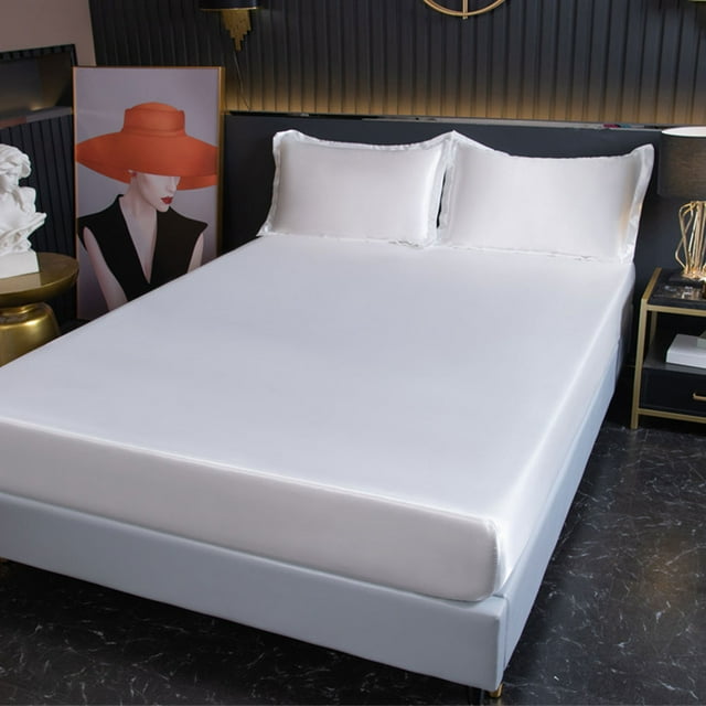 Wweixi Breathable Solid Color Satin Sheets Machine Washable Comfortable Durable Protects Mattress Odorless white 1Set