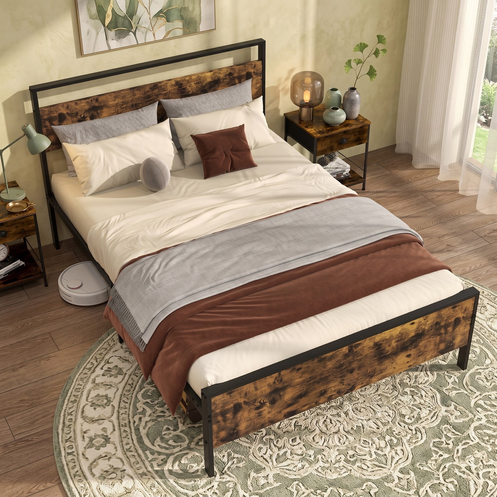Furnibear Full Size Bed Frame, Metal Platform Bed Frame with Wooden Headboard, Full Bed Frame with Under Bed Storage for Bedroom, Rustic Brown