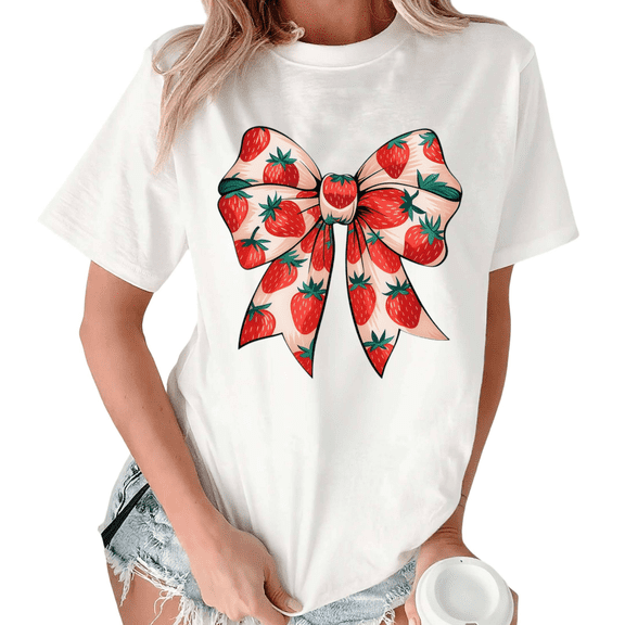 White Print Tshirt Graphic Tees Shirts S-5XL Trendy Strawberry Bow Print Coquette Casual Stylish Tops