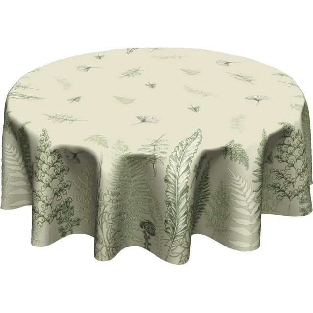 60Inch Spring Leaf Round Tablecloth Beige Fern Herb Botanical Table Cover Farmhouse Style Wild Plant Stain Resistant Circle Table Cloth for Kitchen Dining Picnic Party Decor