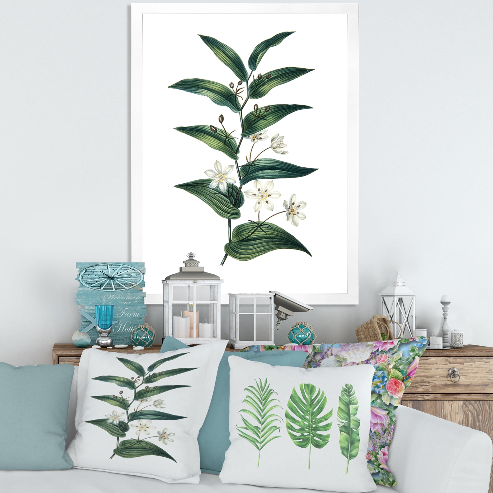Designart 'Little White Flowers With Ancient Plant' Farmhouse Framed Art Print