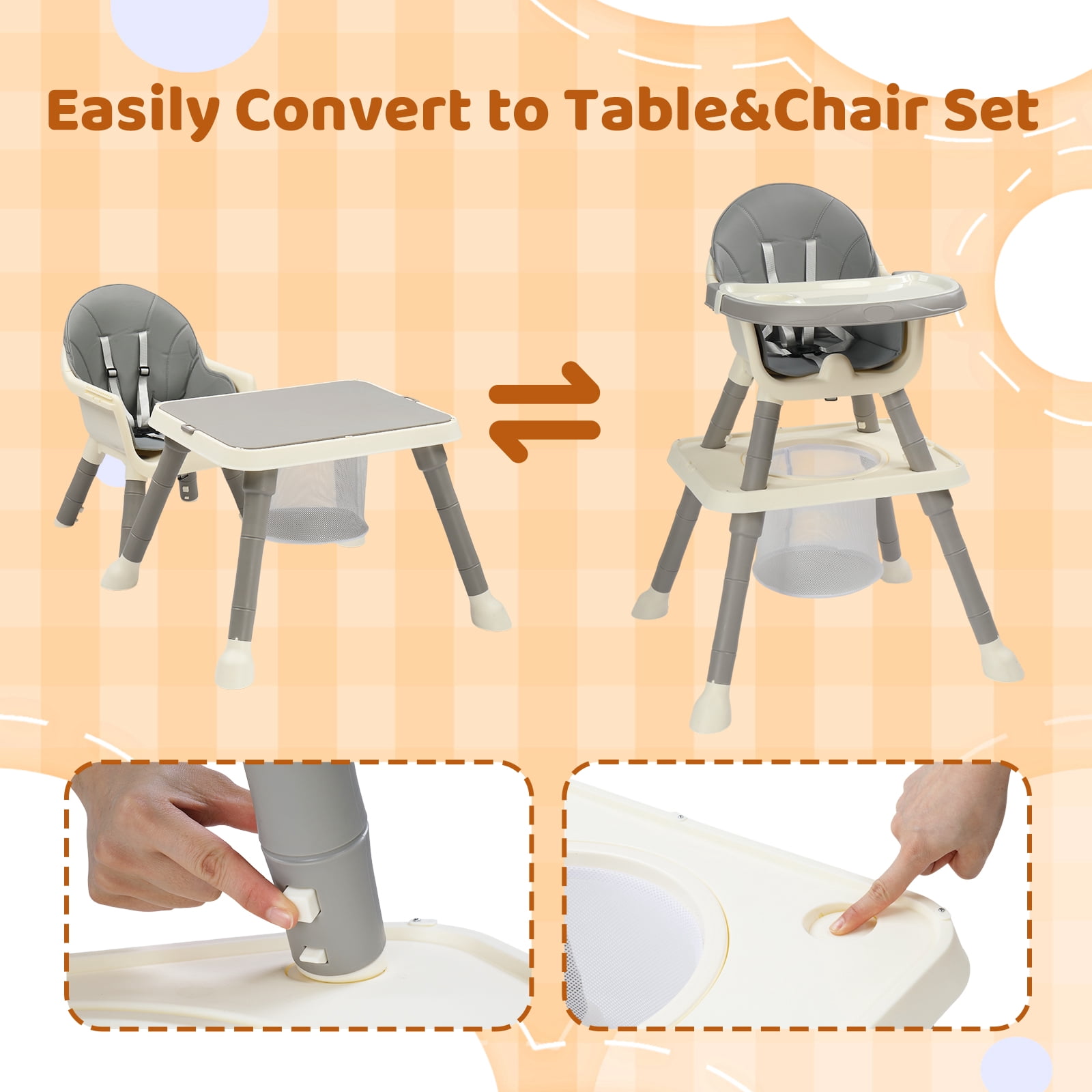 PEXMOR 7 in 1 Convertible Baby High Chair, Leather Cushion Eating Table Chair Set for Babies Toddlers, Gray