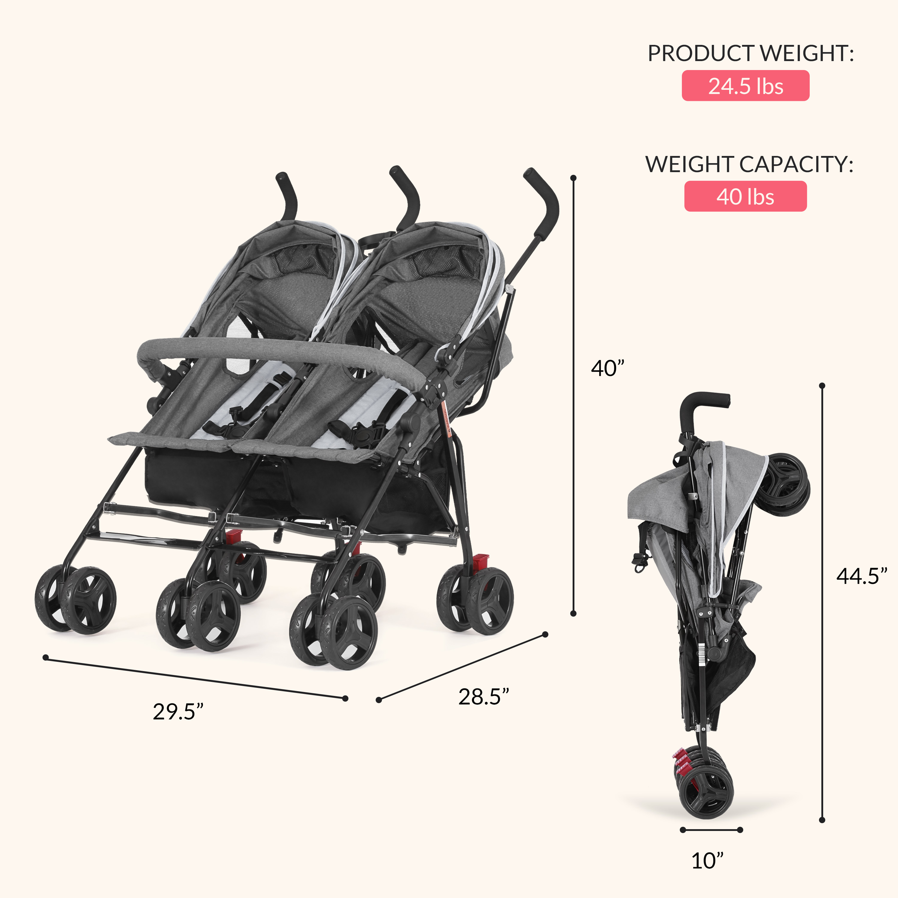 Dream On Me Volgo Twin Umbrella Stroller, White photo 5