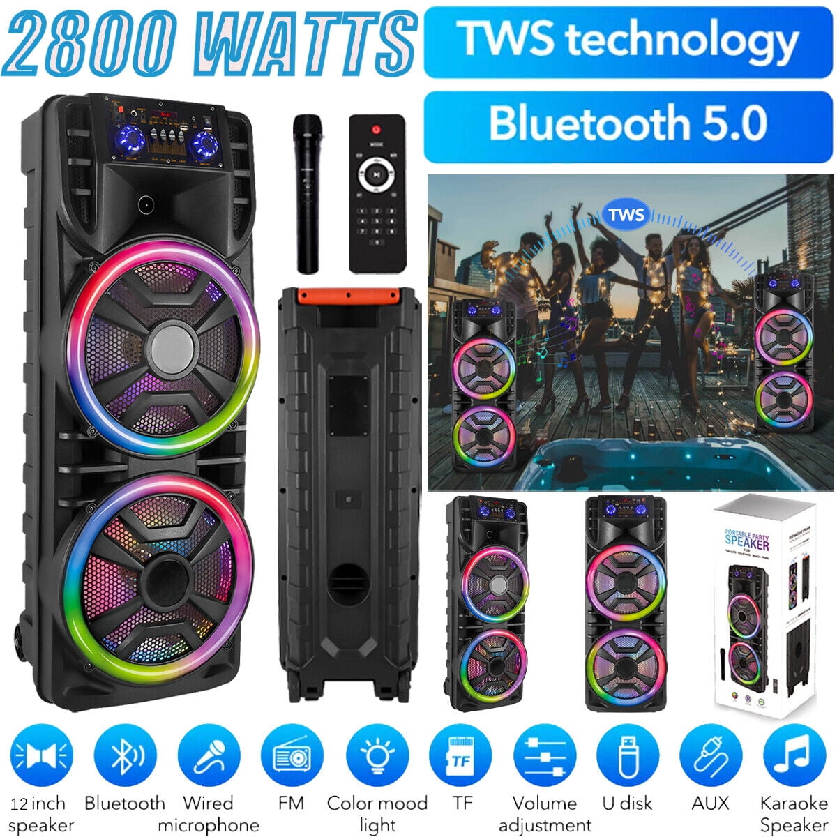 "Lohoms 2800W Portable Party Subwoofer with Dual 12"" Bluetooth Speaker, Wireless Mic, Power System, and Lights"  (图2)