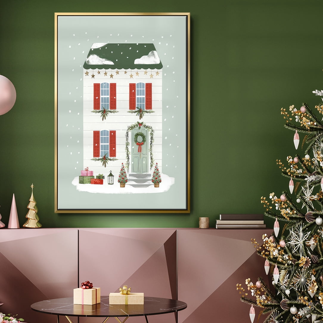 Festive Front Door IV - Framed Gallery Wrapped Holiday Canvas - 17 x 25 - Gold Frame
