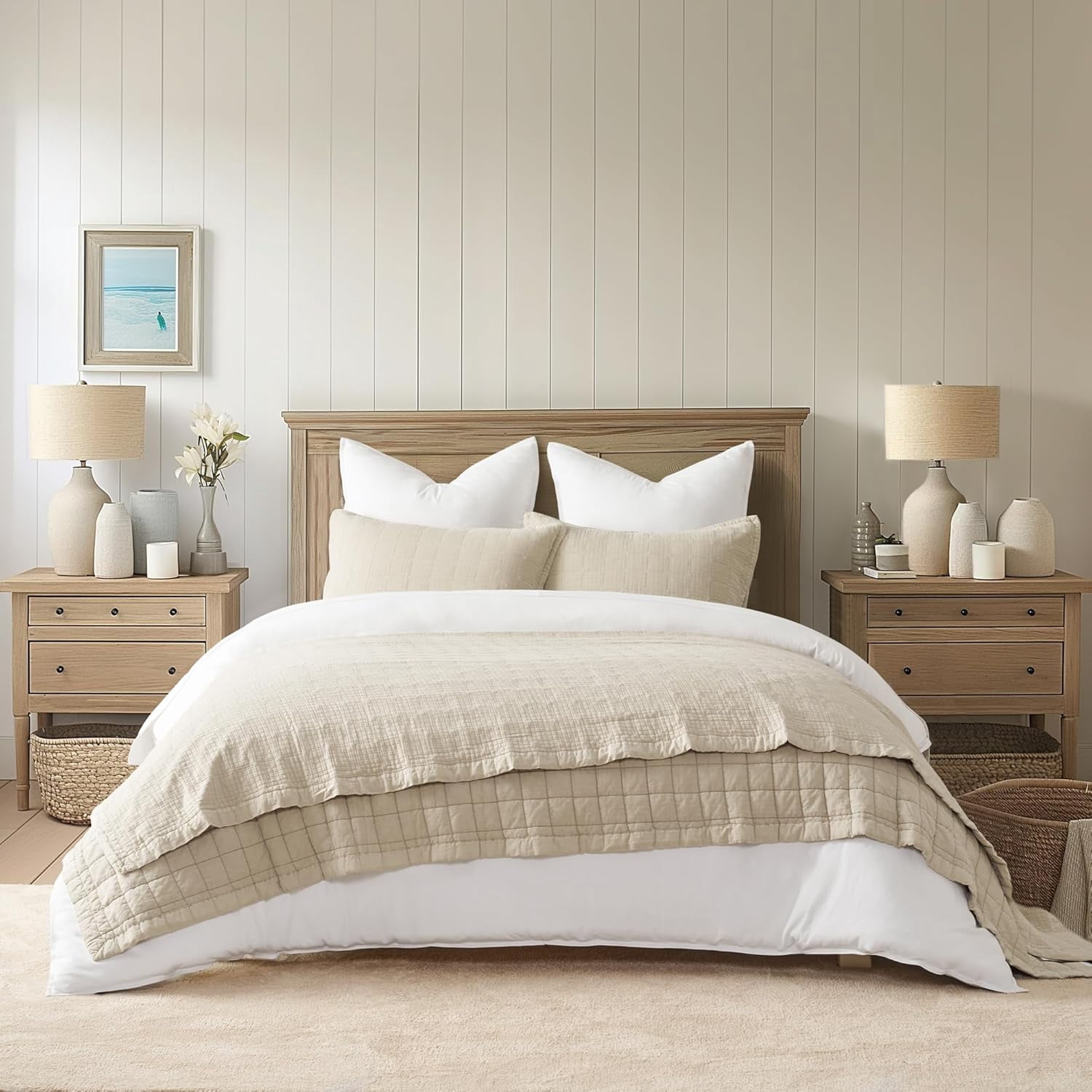 EVERGRACE Stonewashed Cotton Quilt Set Full Queen Size, Ultra Soft Oversized Bedspread Coverlet Set, Lightweight Crinkle Box Stitch Bedding Sets for All Season, with 2 Shams, Flax Beige