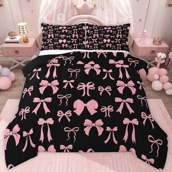 jejeloiu Cartoon Bow Knot Twin Comforter Sets,Pink Black Bowknot Bedding Set For Girl Reversible 2pcs