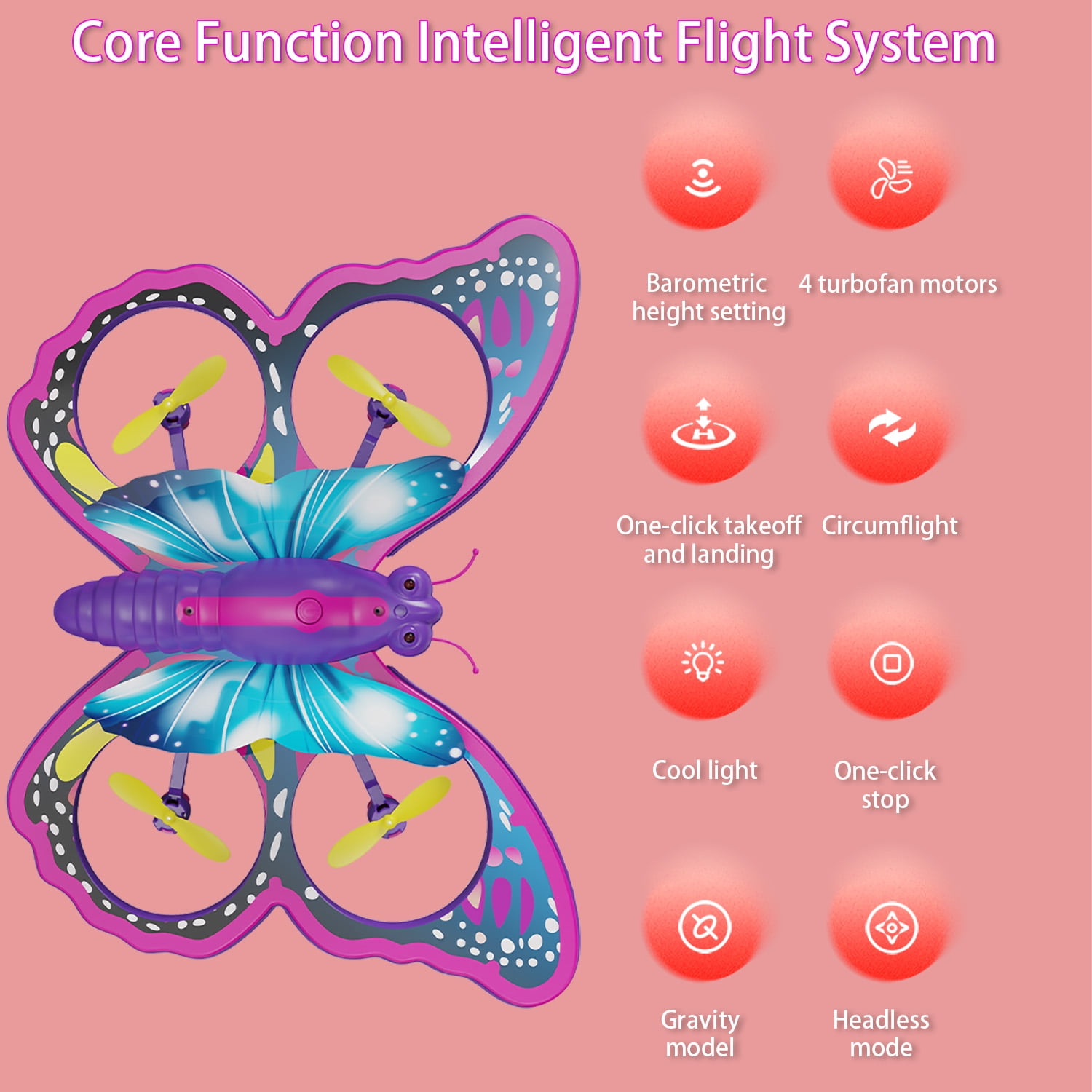 Gmdisc Remote Control Butterfly Drone for Kids with Colorful Lights, 2.4GHz RC Flying Toy with 3D Flip, Gravity Sensing, Altitude Hold, Pink Mini Quadcopter Gift for Girls