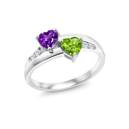 - 0.98 Ct Heart Shape Purple Amethyst Green Peridot 925 Sterling Silver Lab Grown Diamond Ring