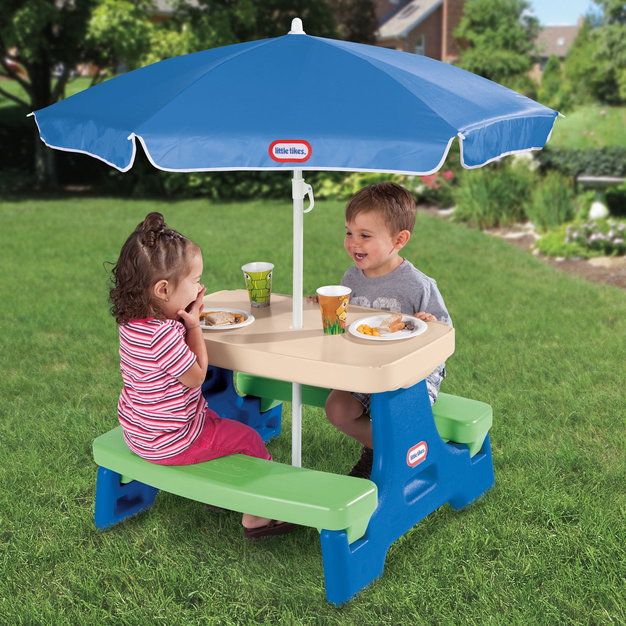 Little Tikes Easy Store Jr. Picnic Table with Umbrella, Blue & Green - Play Table with Umbrella, for Kids - 2