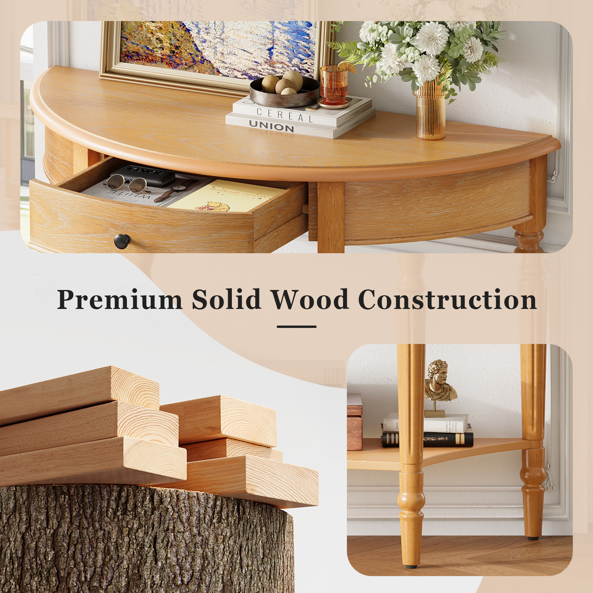 Euroco Farmhouse Half Moon Console Table, Narrow Sofa Table with Storage Shelf & 1 Drawer ,Wood Entryway Table Accent Table for Living Room, Hallway and Foyer,Natural