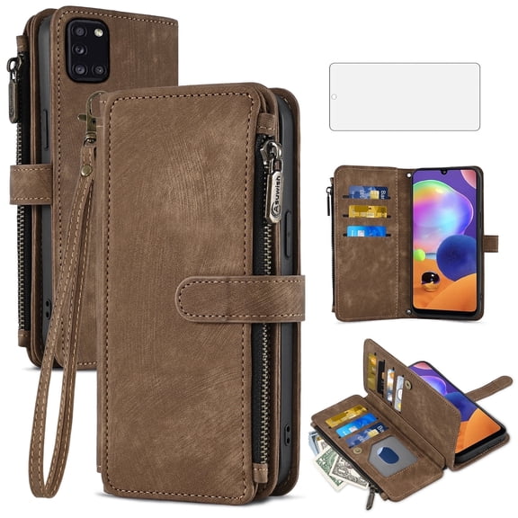 Asuwish Kickstand Hard Shell Wallet Cell Phone Case with Tempered Glass Screen Protector for Samsung Galaxy A31, Brown
