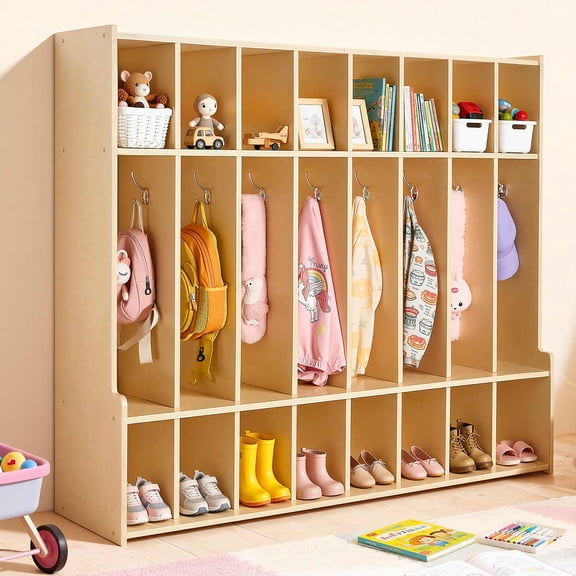 VEVOR 8-Section Kids Coat Locker, Wooden Toddler Cubby Storage Organizer with 16 Hooks & Anti-Tip Kit, Modern Kid Coat Cubbies with 16 Small Open Storage Boxes for Home, Kindergarten, Daycare,Natural