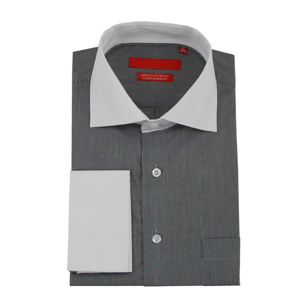 DTI GV Executive Mens Stripe Dress Shirt Cotton Spread Collar French Cuff Black / White