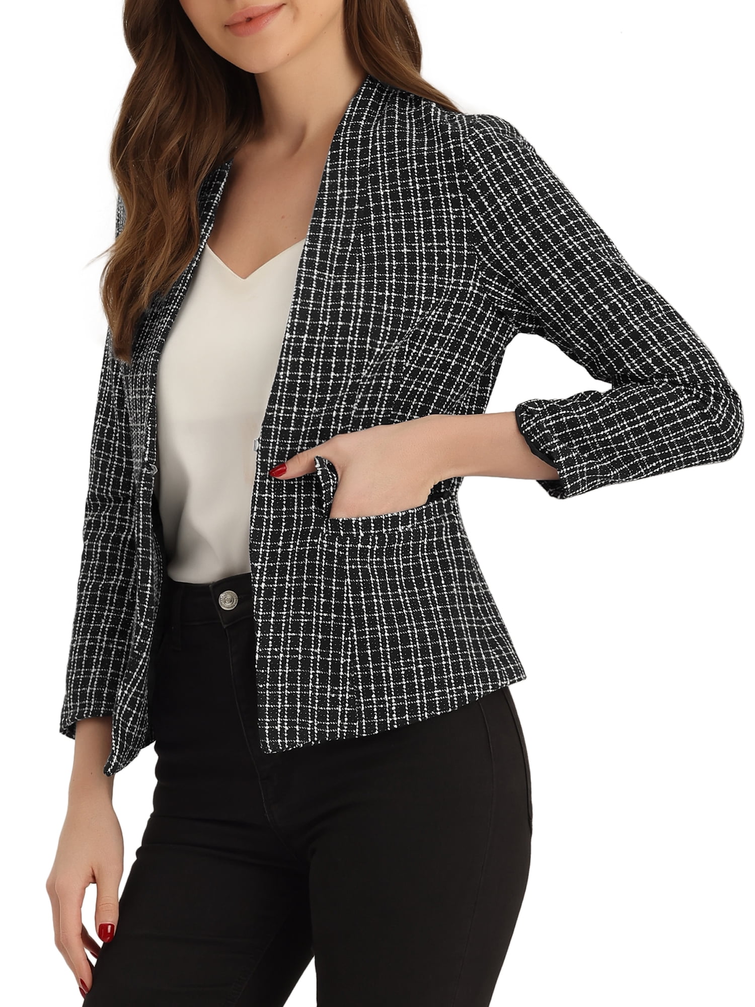 Allegra K Women's Plaid Tweed Cropped Jacket - Crew Neck, Button Up, Long Sleeve