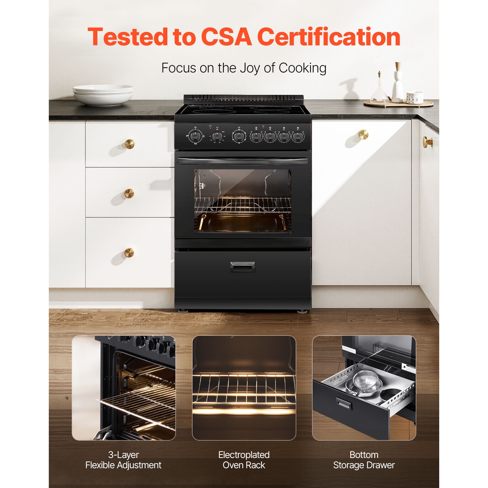 KFFKFF 24-inch Electric Range Oven, 2.7 Cu. Ft. Compact Freestanding Design, Stainless Steel Finish, Features 4 Burners, Adjustable Racks, Storage Drawer, Black (No power cord)