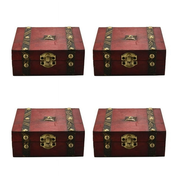 4X Wooden Treasure Chest Box Lock Organizer Case Foldable Mini Small Wood Home Decor Container Trinket Jewelry Bin