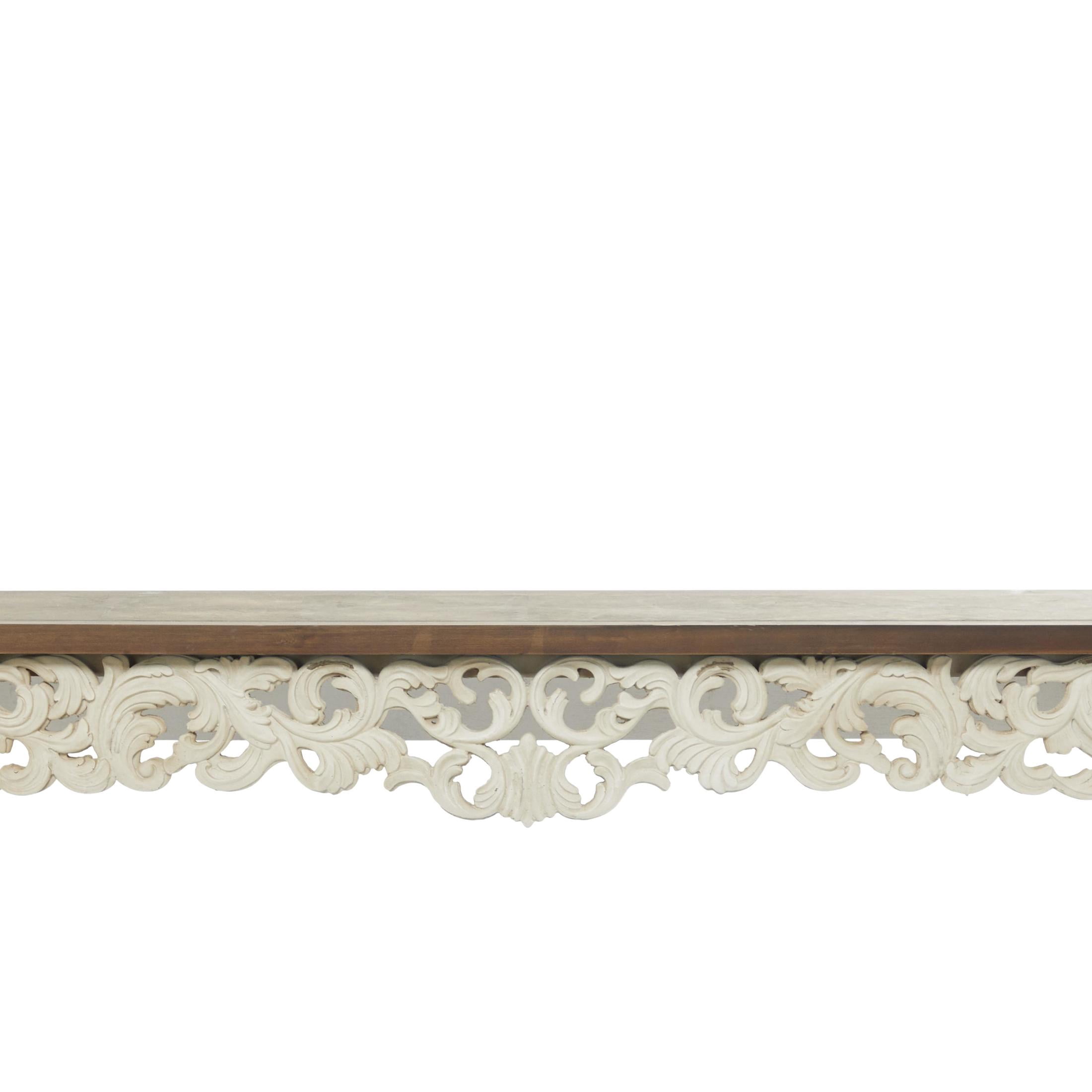 DecMode 46" x 30" White Wood Intricately Carved Scroll Console Table with Brown Wood Top, 1-Piece