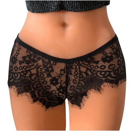 Boyshort Panties Lace Open-Crotch Boxer Underwear Hollow-Out Low Waist See-Through Breathable Panty (X-Large  Black)