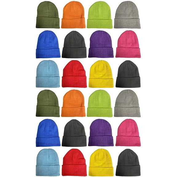 SOCKS'NBULK Kids Winter Beanie Hat Assorted Colors Bulk Pack Warm Acrylic Cap (24 Pack Kids Bright Beanies)