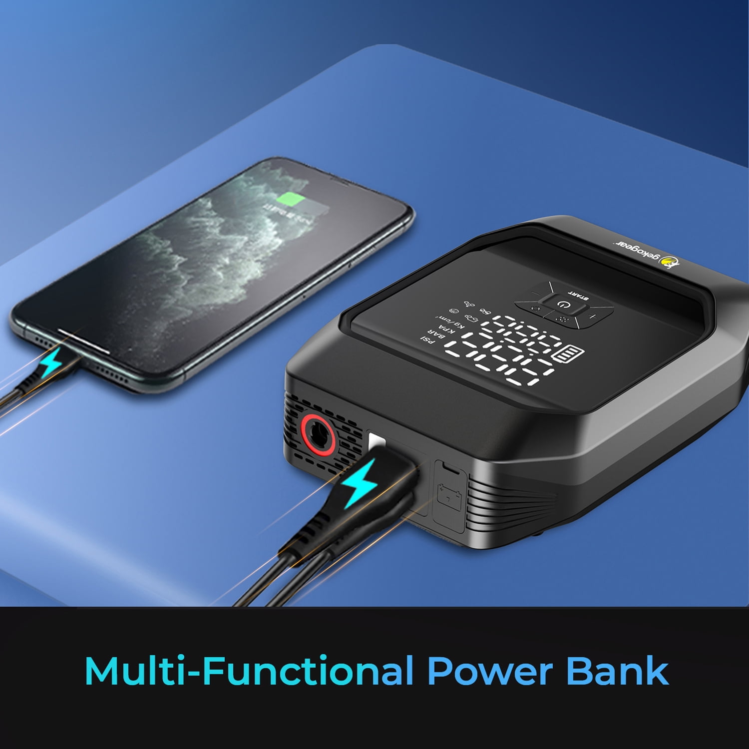GekoGear AirFlux 300 Portable Air Pump and 1,000-Peak-Amp Jump Starter with Power Bank