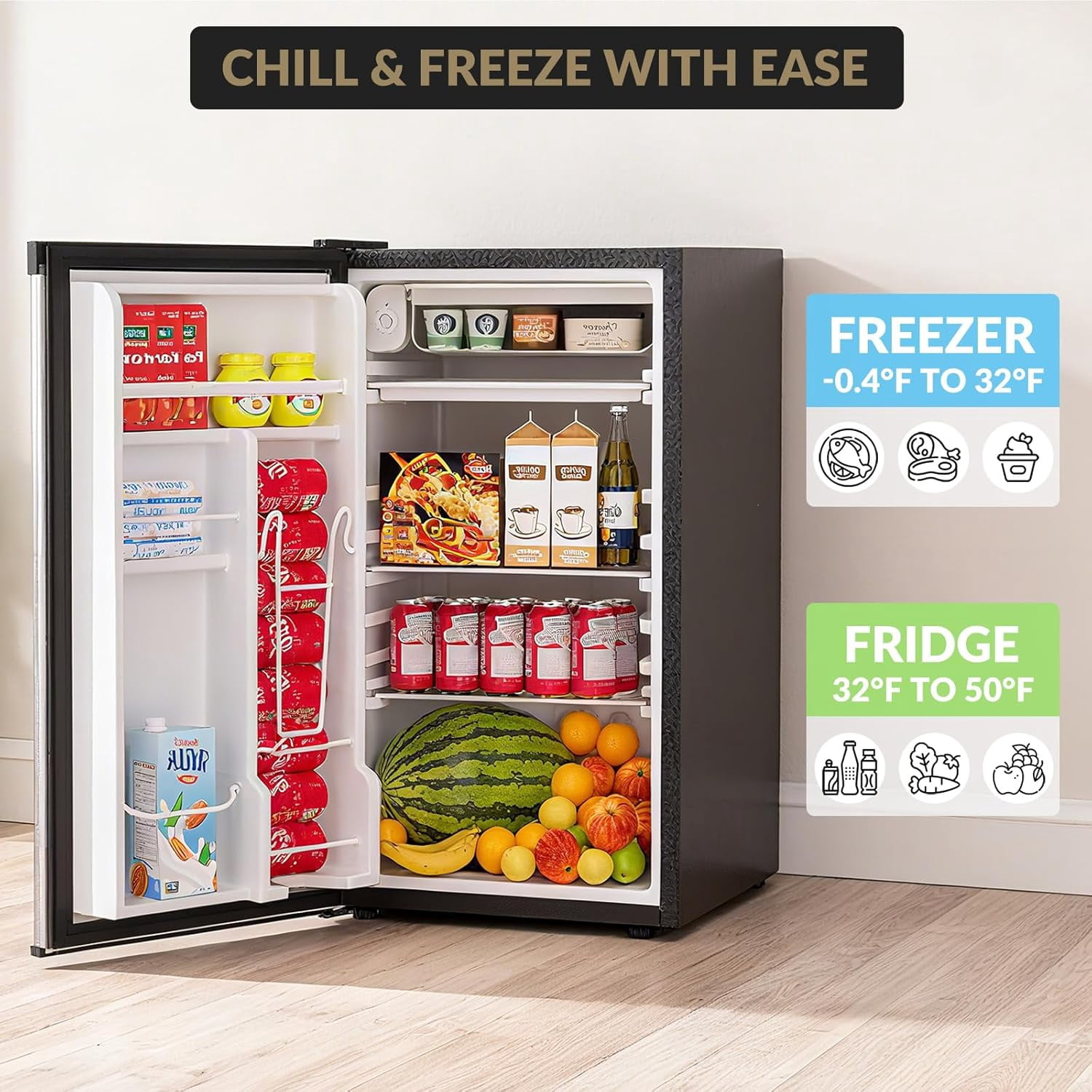 YUSAZENS Mini Fridge with Freezer, Compact Refrigerator with Adjustable Thermostat, Removable Glass Shelves and Reversible Door, Ideal for Bedroom, Dorm and Office