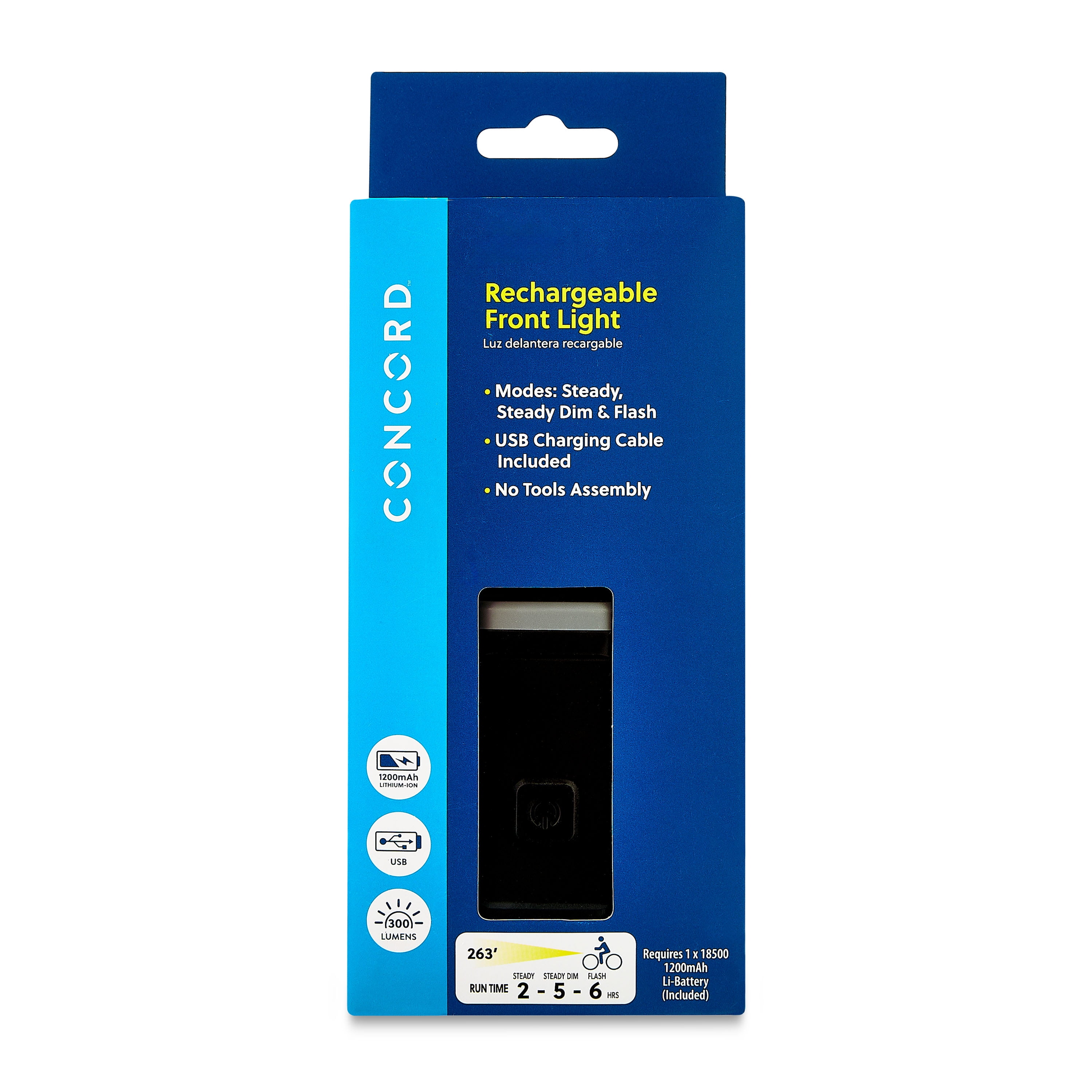 Concord Bikes Front Light, 300 Lumens with Rechargeable 1200