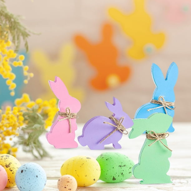 Adornos de Pascua de madera estatuilla de conejo de Pascua con cuerda perfecl Decoraciones de Pascua