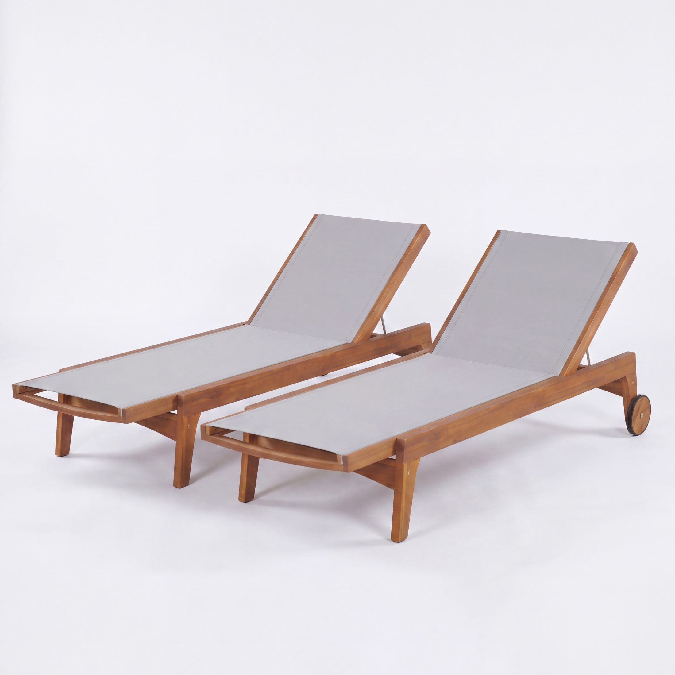 Christopher Knight Home Outdoor Wood Chaise Lounge with Mesh Seat, Adjustable Backrest & Wheels, Gray, Set of 2