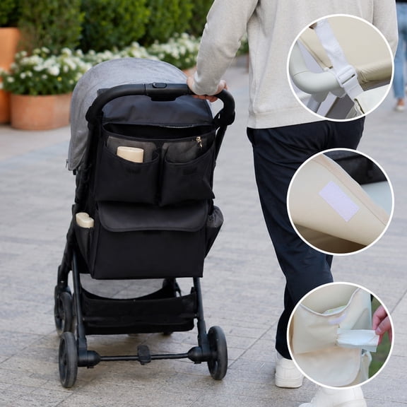 Waterproof Stroller Organizer Caddy, Multi Pocket Oxford Storage Bag, Adjustable Hook Strap for Daily Use, Baby Buggy Accessories for Diaper & Phone​, Black