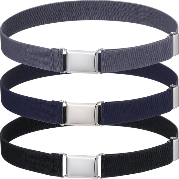 TELOLY 3 Pieces Boy Belt Kids Elastic Adjustable Stretch Belt Silver Square Boys Belt for Child Girl Pants Uniform Jeans