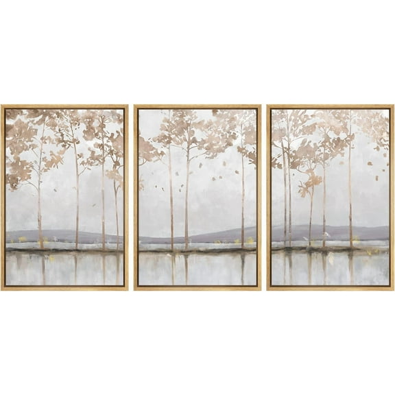 IDEA4WALL 3 Panels Framed Canvas Print Wall Art Set Pastel Mountain Lake Tree Forest Abstract Landscape Illustration Modern Art Decorative Nordic Artwork Housewarming - 16"x24"x3 Panels Natural