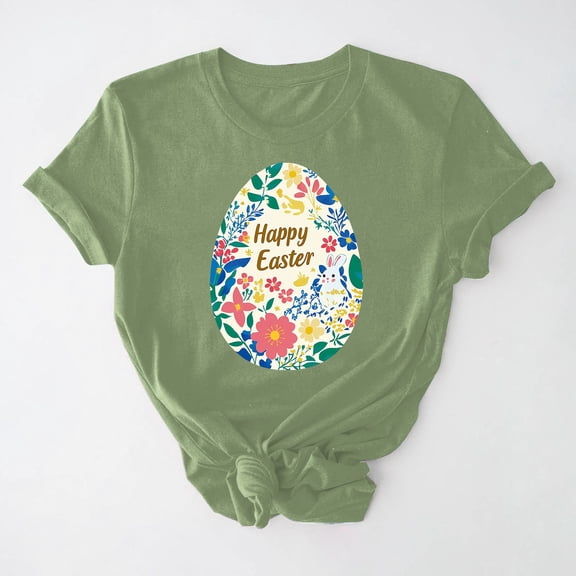 qelini Easter Shirt Womens Plus Size Crew Neck Short Sleeve Teen Bunny and Egg Print T-Shirt Casual Spring Tops
