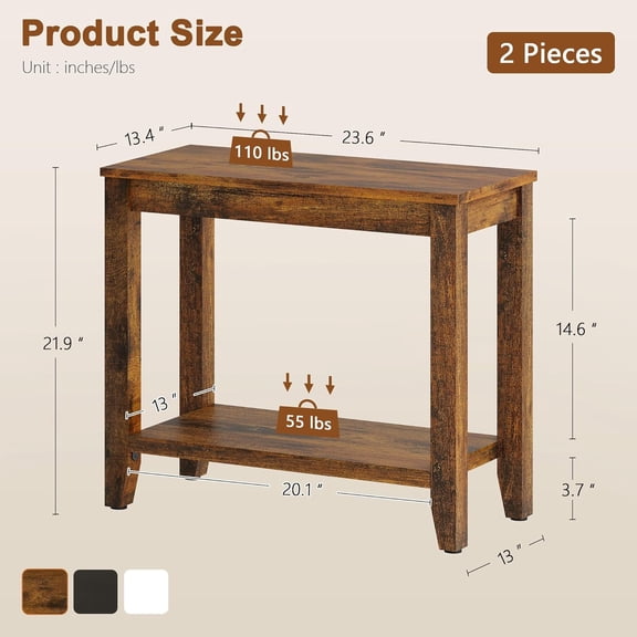 End Table Set of 2 with Double Storage Shelves Sturdy Wooden Side Table for Living Room Bedroom Modern Nightstand Sofa Table Small Spaces Rustic Brown