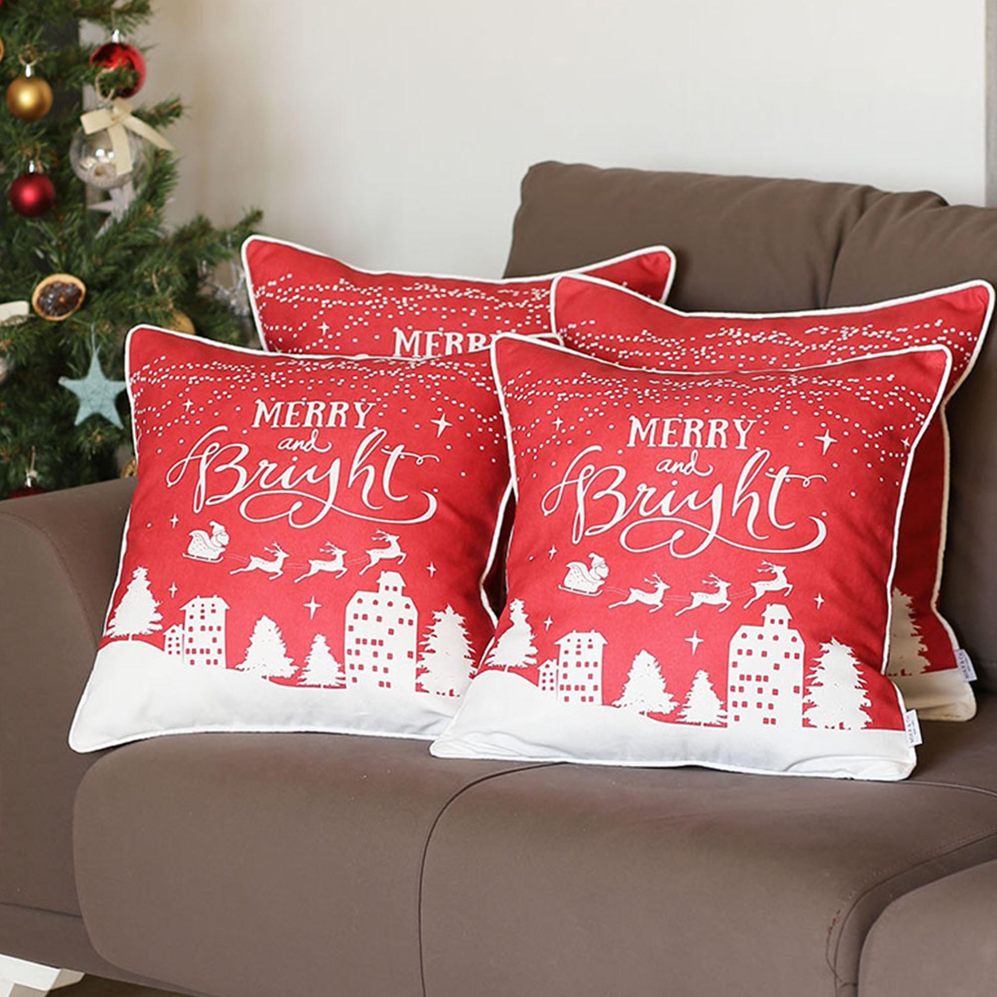 Red and White Merry and Bright Christmas Pillow Covers Set of 4