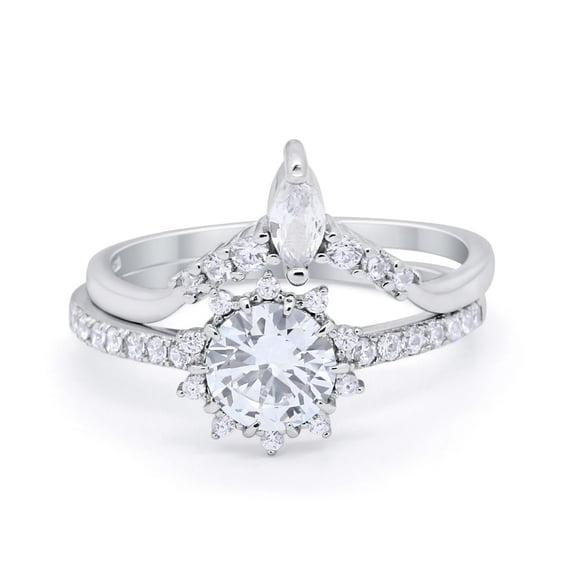 Two Piece Art Deco Round Bridal Set Ring CZ 925 Sterling Silver Size 5