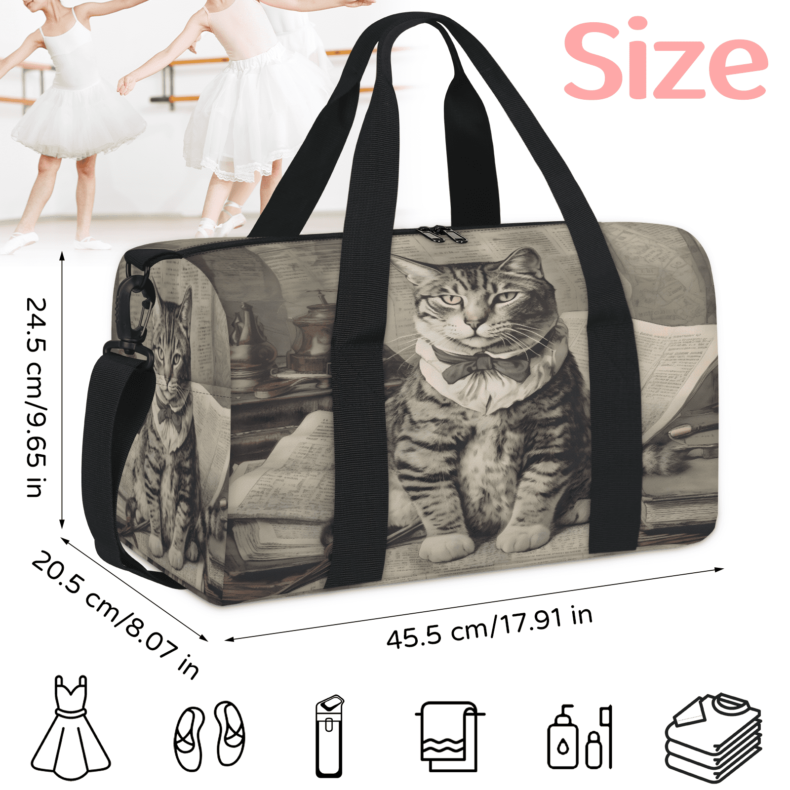 Herdesigns Vintage Funny Cat Gym Bag for Women, Duffle Bag for Travel Sport, Lightweight Waterproof Carry on Weekender Overnight Dance Yoga Workout Bags