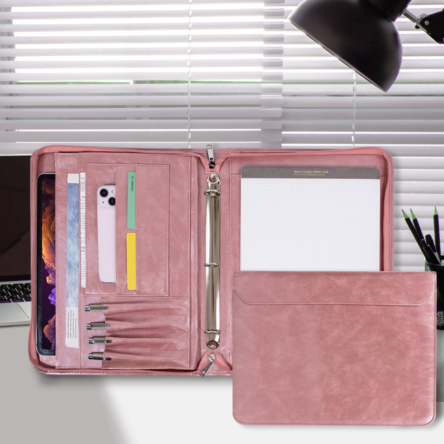 Zipper Binder Portfolio for Women, 3 Ring Binders 1 inch, PU Leather Padfolio Folder, Business Portfolio Organizer with A4 Legal Pads, Thin Leather Professional Binder, Gift for Her, Rosegold