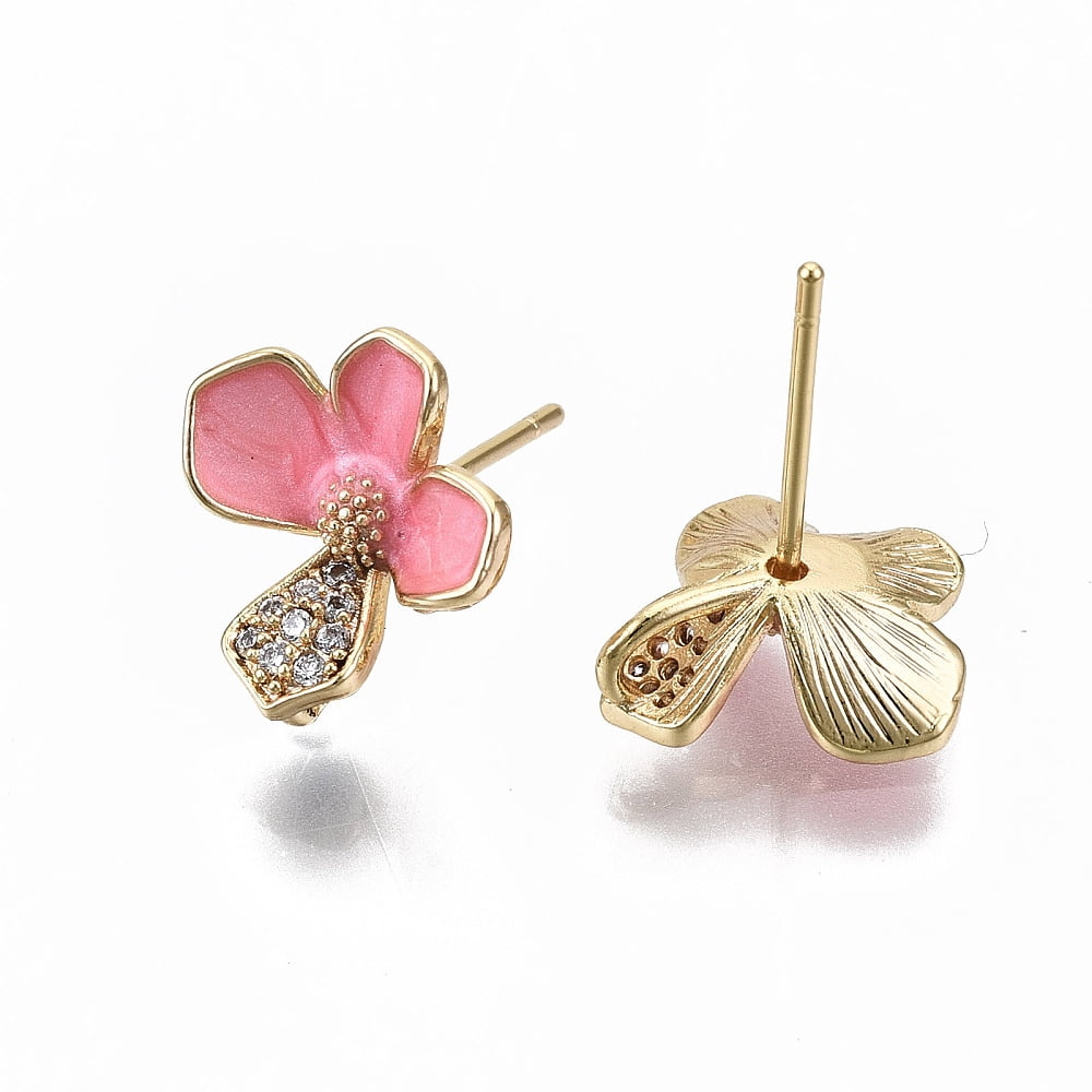 30 pc Brass Enamel Micro Clear Cubic Zirconia Stud Earring Findings with Loop Nickel Free Pink Flower Real 18K Gold Plated 12x11mm Hole: