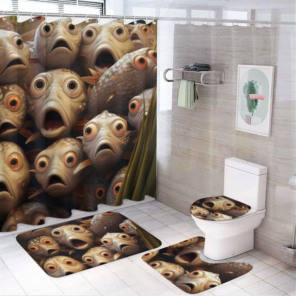 Cute Cartoon 4-Piece Bathroom Shower Curtain Set with Shaped Plastic Hooks Have Rugs and Toilet Seat Cover
