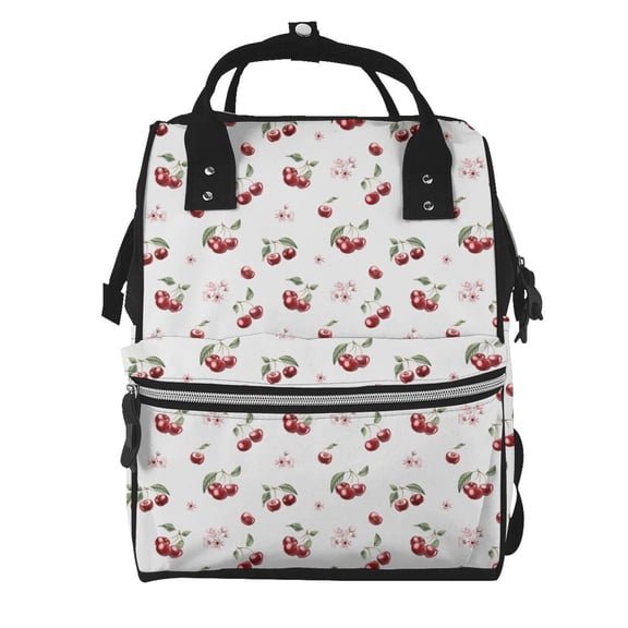 Ratiio Cherry Berries Mummy Backpack - Waterproof Twill Canvas, Large Capacity Diaper Bag with Multiple Pockets and Adjustable Straps