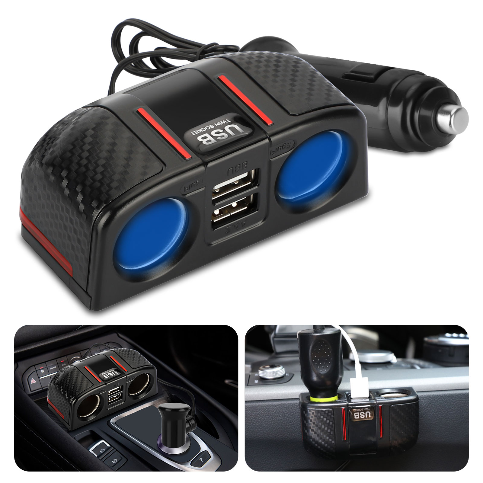 2 Way Cigarette Lighter Splitter Car Charger, Dual USB Car 2 Way Cigarette Lighter Splitter Car Charger, Dual USB Car