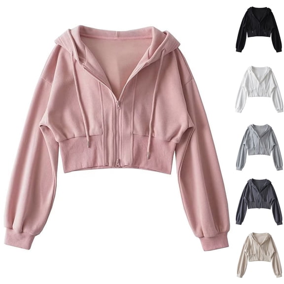 Lovskoo Womens Zip Up Hoodies Cropped Sweatshirts Spring Fall Clothes Casual Hooded Jacket Tops Winter Clothes Dark Gray