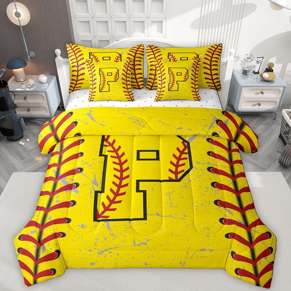 Manfei Letter P Monogrammed 7-Piece Twin Bedding Sets,Baseball Game Bedding Comforter Set,Yellow Red Sheet Sets For Boy,Microfiber Room Decorative Reversible