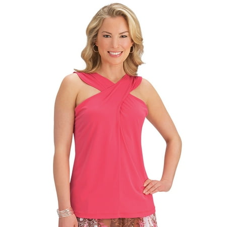 Women's Criss Cross Front Halter Tank Top Flattering Solid Color, Large, Coral - Made in the USA