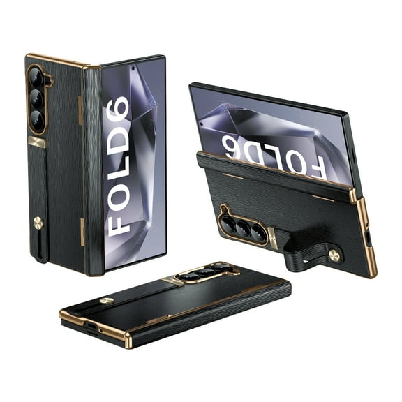 for Samsung Galaxy Z Fold 6 Case with Hinge Protection, Adjustable Hand Strap Kickstand, Shockproof Slim Plating Hard PC Cover, No Front Frame and Front Cover, for Samsung Galaxy Z Fold 6, Black