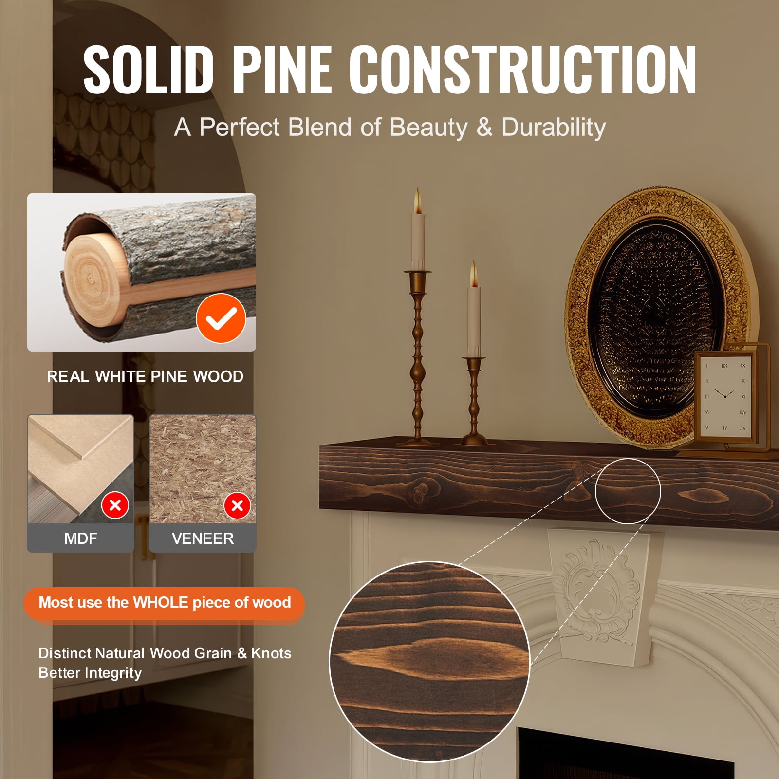 KFFKFF Natural Wood Fireplace Shelf, 84"x8"x6", Supports up to 50 lbs, Wall-Mounted Rustic Farmhouse Mantel, Crafted for Decorative Wall Above Fireplace, in Natural Brown