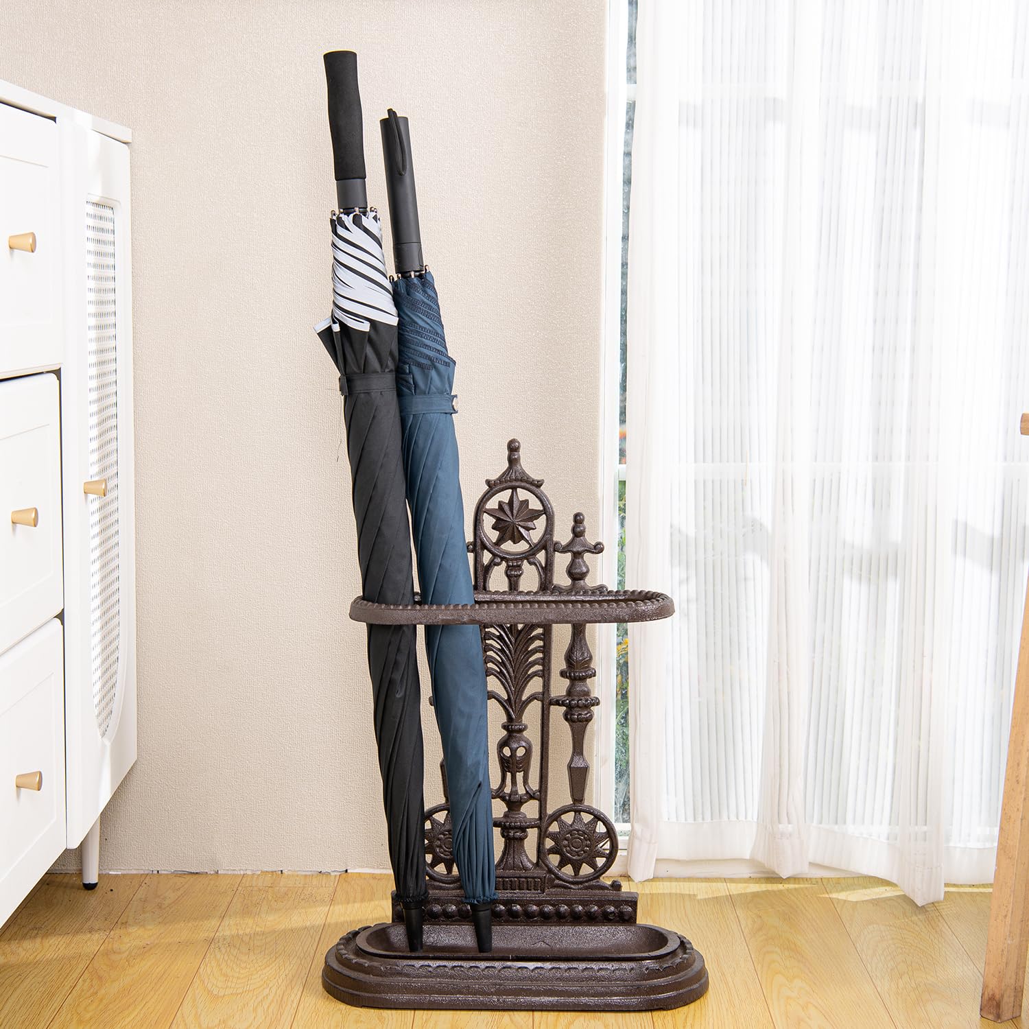 Sungmor Royal Style 1-Hook Cast Iron Umbrella Stand with Detachable Tray, Decorative Freestanding Umbrella Rack Organizer